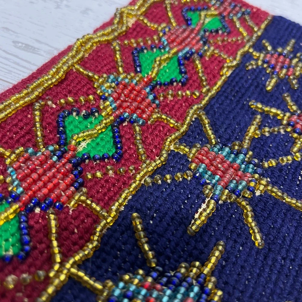 Handmade Needlepoint Angel‎ Christmas Stocking Beaded Stars Red Velvet